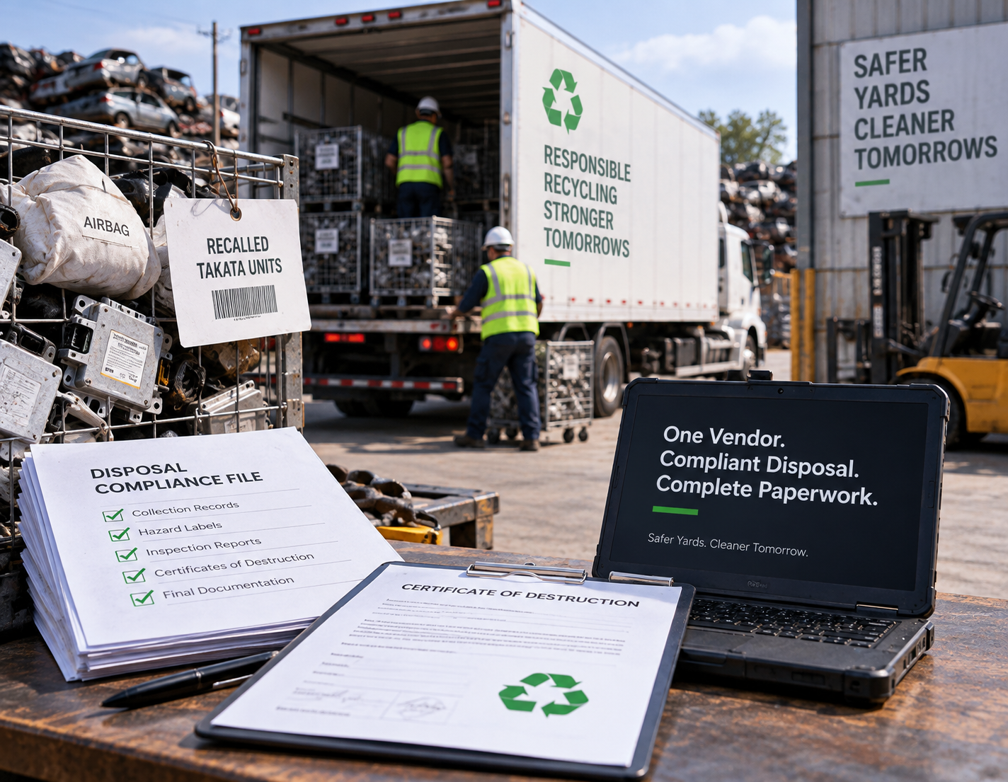 Airbag inflator modules handled by trained personnel for safe disposal